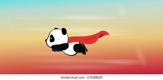 Little panda super hero flies in the air with a red cloak