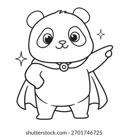 Little Panda Superhero with Cape Vector Outline Illustration