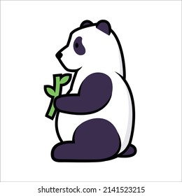 Little panda vector illustration. Flat outlined illustration of cartoonish cute character - panda bear holding bamboo branch. Chinese animal, asian animal, wildlife concepts.