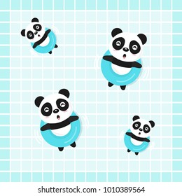 The little pandas float in the swimming pool. Summer party cartoon.