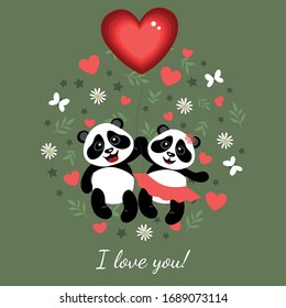 Little pandas in love fly in a balloon in the shape of a heart. Illustration for children.