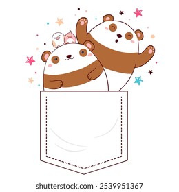 Pequeños pandas en el bolsillo. Estampado de bebé con animal lindo en el bolsillo. Estampado infantil con dos divertidos pandas amigos. Puede ser utilizado para la camiseta, etiqueta engomada, diseño de la tarjeta de felicitación. Ilustración vectorial EPS8