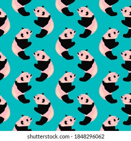 Little pandas, seamless pattern on blue background.