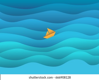 little paper boat. vector illustration of the sea. cartoon paper art style