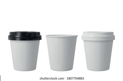 Little paper coffee cups with black and white lids. Open and closed small paper cup. Realistic vector mockup