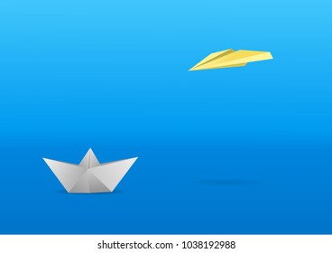 A little papr boat and a paper glider over a minimalistic background. Vector illustration