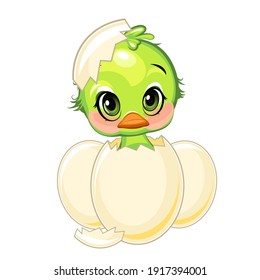 A little parrot hatched from an egg. Funny chick. Cute and funny baby bird. The isolated object on a white background. Illustration. Cartoon style. Vector