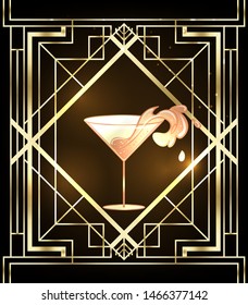 Little party never killed nobody. Female hand holding cocktail glass with  splash. Art deco (1920's style) vintage invitation template design for drink list, bar menu, glamour event, thematic wedding.