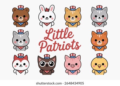 Little patriots character set. USA themed cats, bunnies, bears wearing hats and stars, kawaii red blue white style faces. Cute independence animal bundle set