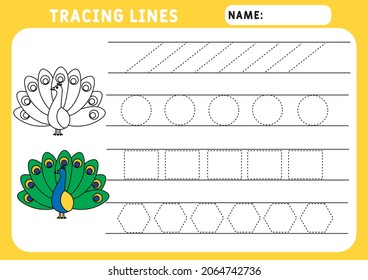 little Peacock. Preschool worksheet for practicing fine motor skills - tracing dashed lines. Tracing Worksheet. Illustration and vector outline - A4 paper ready to print.