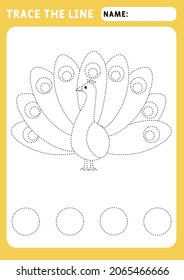 little Peacock. Preschool worksheet for practicing fine motor skills - tracing dashed lines. Tracing Worksheet. Illustration and vector outline - A4 paper ready to print.