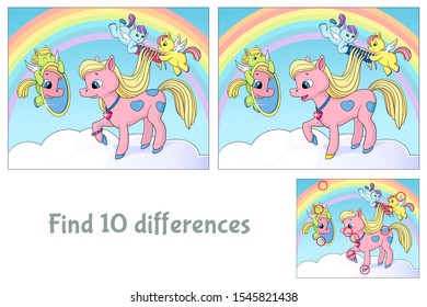 Little Pegasus' comb the pony's mane. Cute pony on cloud. Find 10 differences. Educational game for children. Cartoon vector illustration. Pastel shades.