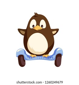 Little penguin balancing on blue segway with big wheels vector. Running animal on modern transport. Eco scooter in flat style isolated on white vector