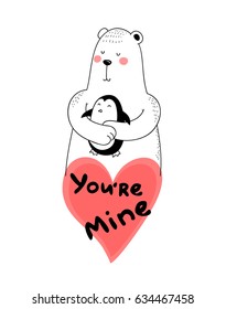 little penguin   big white bear are in love  bear is hugging the penguin  big heart vector isolated illustration for t  shirt  phone case  mugs  baby shower wall art  text 