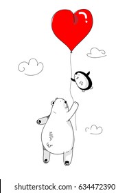 little penguin and big white bear are in love,  flying in the air, holding on to a balloon in the shape of red heart vector isolated illustration for wedding card, phone case, mugs, baby shower etc.