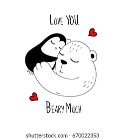 little penguin   big white bear are in love  hugging each other  red heart vector isolated illustration for t  shirt  phone case  mugs  baby shower wall art  text 