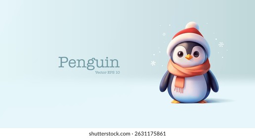 Pequeno pinguim em chapéu e cachecol de Natal, 3D. Para conceitos de férias de inverno, Natal. Neve, pinguim. Ilustração vetorial.