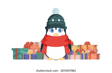 A little penguin with a cute look stands with a mountain of gifts. Penguin in a winter hat and a red scarf. Ready postcard or poster.  Vector.