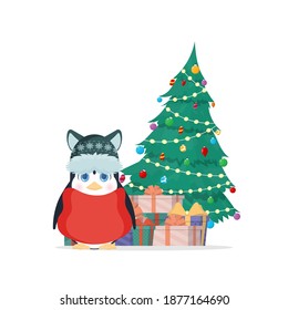 A little penguin with a cute look stands near a Christmas tree with a mountain of gifts. Penguin in a winter hat and a red scarf. New year and christmas concept. Isolated. Vector illustration.