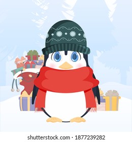 A little penguin with a cute look stands in a winter snowy forest with a mountain of gifts. Penguin in a winter hat and a red scarf. Good for postcards and books. Vector.