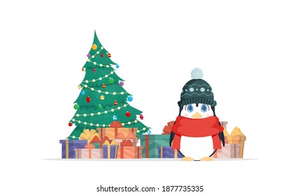 A little penguin with a cute look stands near a Christmas tree with a mountain of gifts. Penguin in a winter hat and a red scarf. New year and christmas concept. Vector 