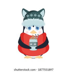 A little penguin with a cute look in a winter hat and a scarf holds a hot drink in his hands. Knitted hat, red scarf, hot, coffee, chocolate or latte. Vector