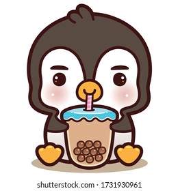 Little Penguin Eating Boba Milk Tea, black pearls is Taiwanese famous and popular drink