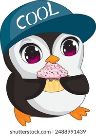 little penguin eating cup cake