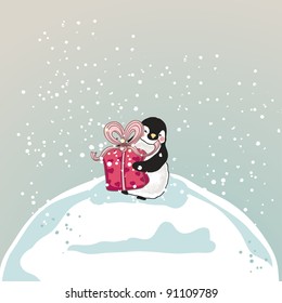 little penguin with a gift box