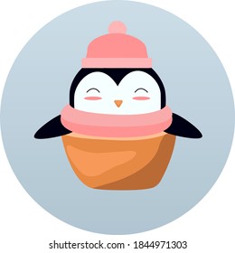 Little penguin in a hat and scarf warms up in a cup