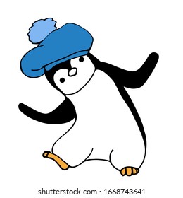 Little penguin in a hat takes, hand-drawn style. Colorful vector illustration.