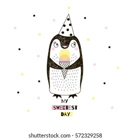 little penguin with ice cream, doodle nursery art