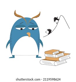 Little penguin looking sadly at books. Vector hand-drawn illustration for children's prints