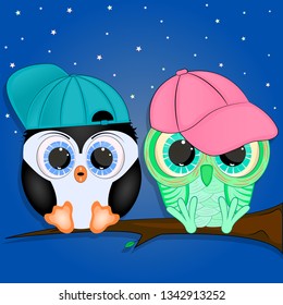 little penguin and owl cartoon vector illustration 