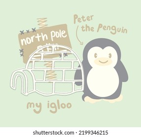 little penguin peter at north pole in igloo cartoon vector illustration for kids t shirt graphic baby boys cute pyjama print 