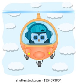 little penguin pilot helicopter. cute cartoon vector illustration.