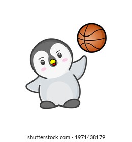 little penguin playing basketball, vector illustration.
