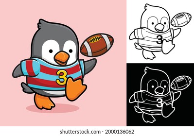 Little penguin playing rugby. Vector cartoon illustration in flat icon style