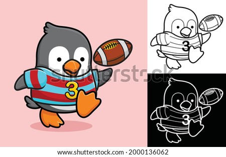 Little penguin playing rugby. Vector cartoon illustration in flat icon style