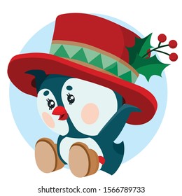 little penguin puts on his head a big hat for the winter holiday New Year and Christmas,
