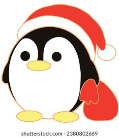 Little penguin with Red Christmas hat and red bag ready to go out to bring gift for everyone.