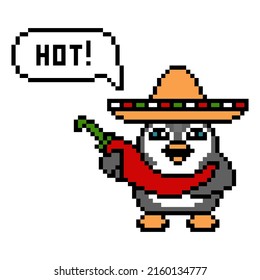 Little penguin in a sombrero hat holding a big red chili pepper and exclaiming "Hot!", pixel art animal character on white. Cartoon 8 bit mexican food mascot. Retro 80's-90's 2d video game graphics.