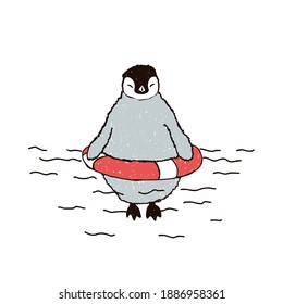 Little penguin swims in a lifebuoy. Vector doodle illustration