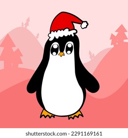 A little penguin wearing a Santa Claus hat is standing and enjoying the snowy mountain view