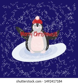 Little penguin in a winter red hat on an ice floe. Merry Christmas postcard. Vector illustration. Penguin isolated on snowy background. Childish cartoon print. Christmas application