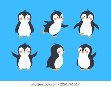 Little penguins cartoon characters collection, flat vector illustration isolated on blue background. Child penguin polar animals or seabirds characters.