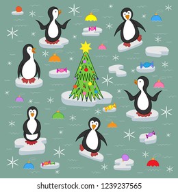 Little penguins celebrate New Year. A decorated Christmas tree is floating on a separate ice floe, and there are sweets on small ice floes. Multicolored Christmas balls floating in the water.