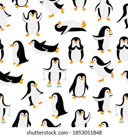 Little penguins in different poses, seamless pattern. Funny animals isolated on white background. Cartoon characters vector illustration.