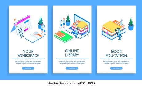 Little people are busy with work or study on the table among books, notebooks, calendar and laptop. Set of posters with web design elements and isometric vector illustrations.