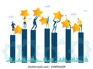 Little people caring seven golden stars up, as symbol of success, ranking and growth. Little business people staying at the growth bar, team of success.  Business concept illustration